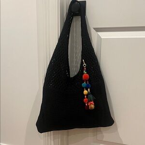 Black Knit Tote Bag with‎ Colorful Detachable Tassel